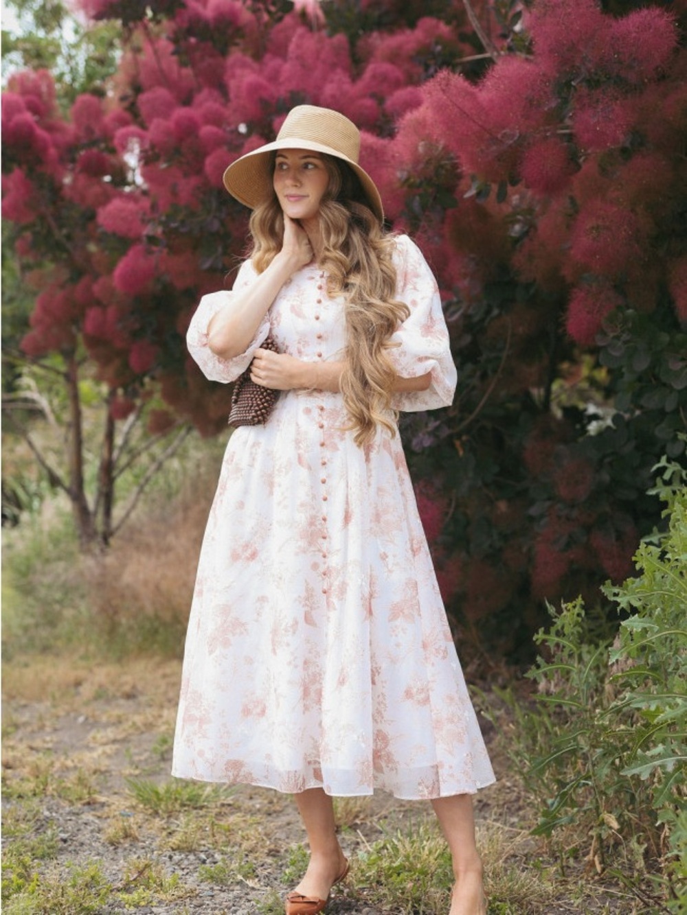 Women's Pink Floral Midi Dress with Puff Sleeves